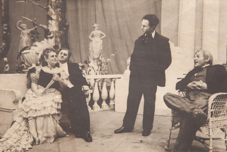 Scene from Ostrovsky's play “Guilty Without Guilt”, staged by Sharakh Pachalia, Sharakh Pachalia as Neznamov (in the center). Photo is published for the first time
