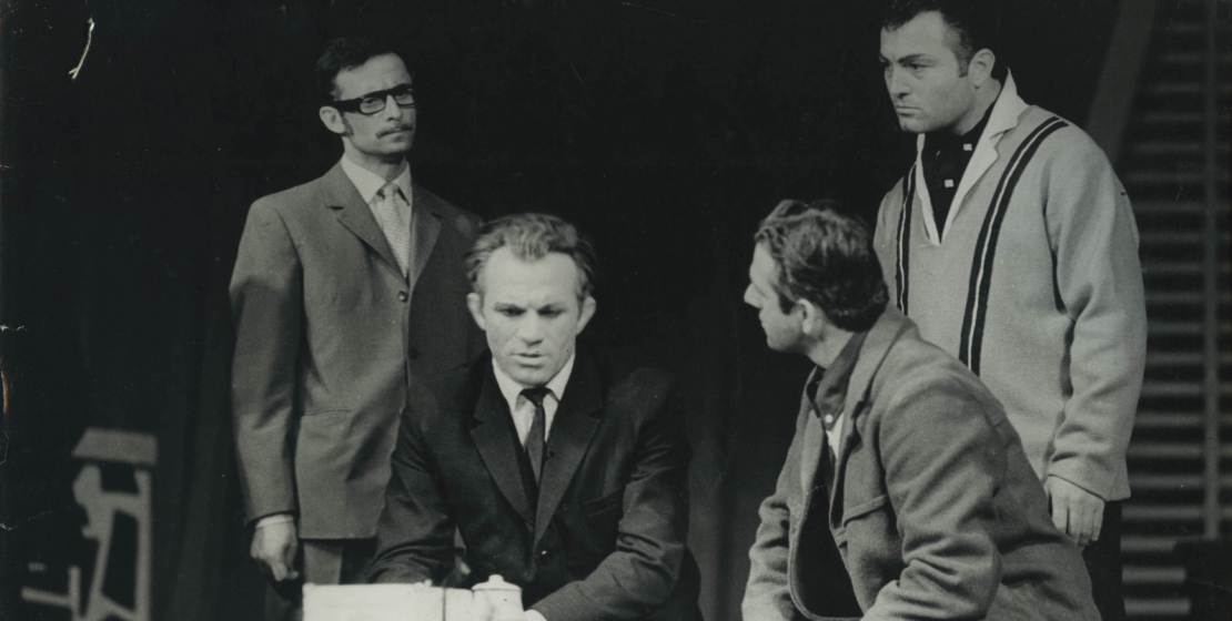 Oleg Lagvilava, Nurbey Kamkia, Segrey Sakania, Shalva Gytsba in the play “Mari-October” based on the novel by Jacques Robert directed by Dmitry Kortava, 1972