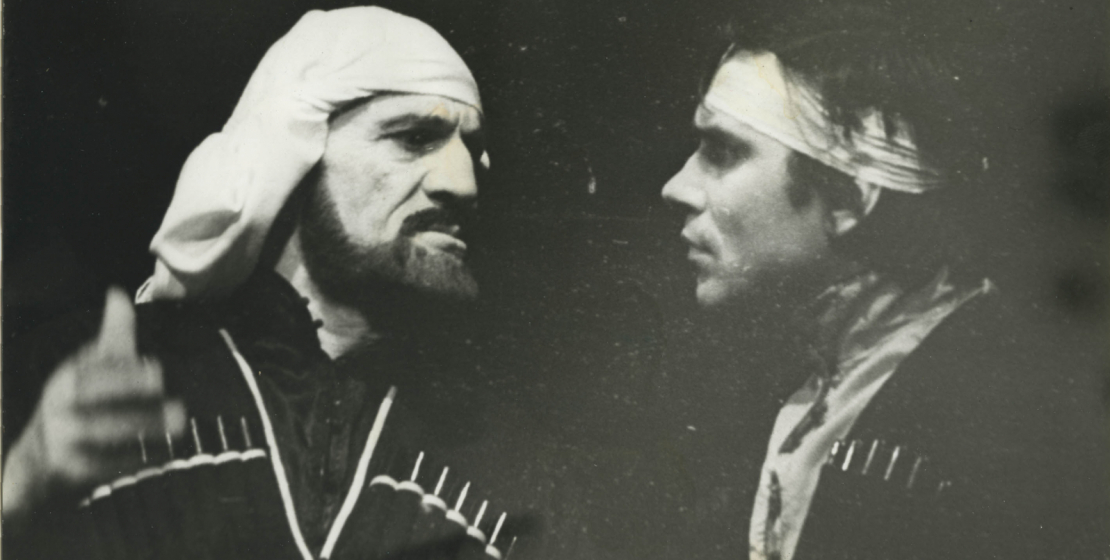 The performance of Viktor Terentyev “The Last of the Departed” based on the novel by Bagrat Shinkuba.  In the photo: Nurbey Kamkia as Zourkan and Teimuraz Chamagua, 1985-1986