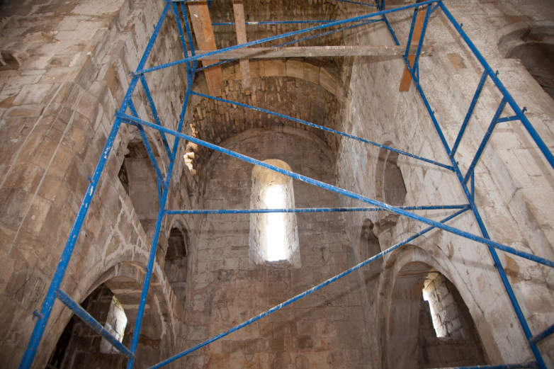 Restoration work inside the temple, Bedia