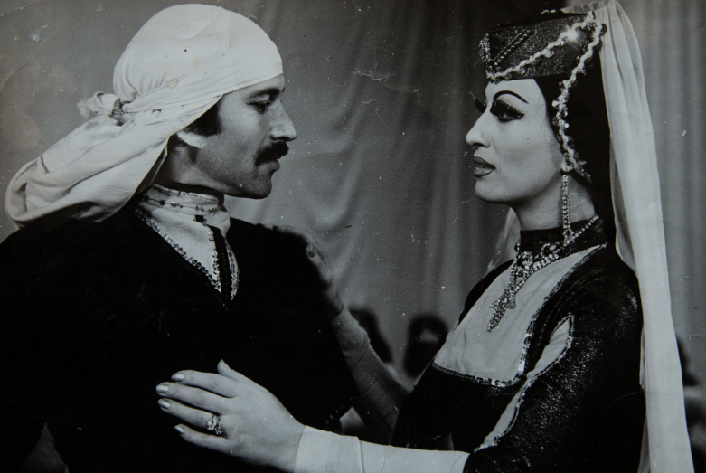 The Birth of Sasrykva, a theatrical dance from the Nart Epos series.  In the photo: Arvelod Tarba as Sasrykva and Maya Gerzmava as Sataney-Guasha, Abkhaz State Philharmonic, 1985